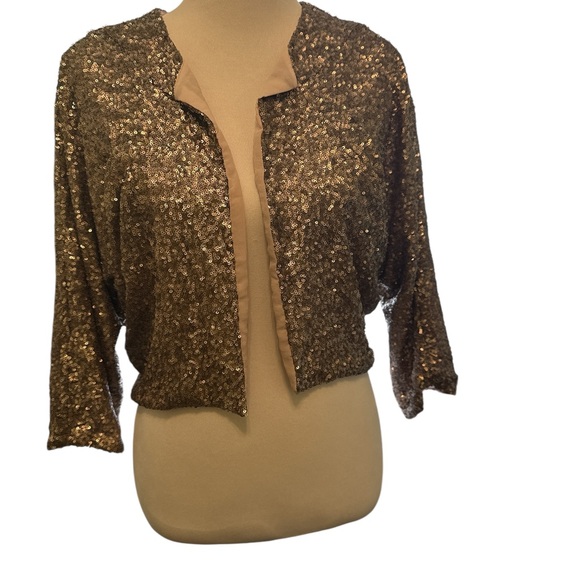 Stitch&Knot Jackets & Blazers - Stitch & Knot Sequin Cropped Jacket Brown Open Front Lined Cardigan Long Sleeves